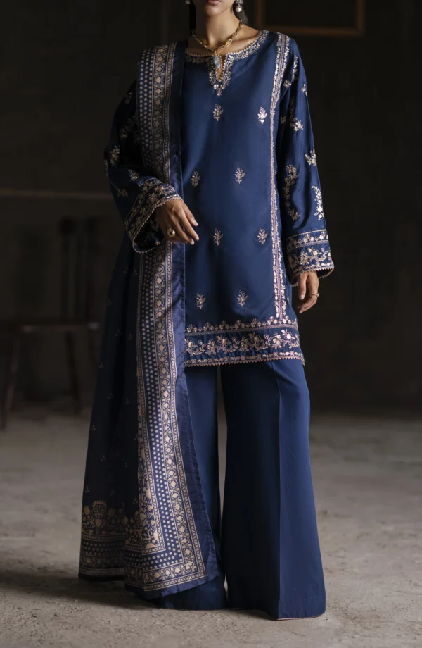 Casual Lite Aik Sitara Premium Embroidered Silk Viscose Stitched 3 Piece Suit - Midnight Elegance - CL25AIS - Blue - Festive Collection