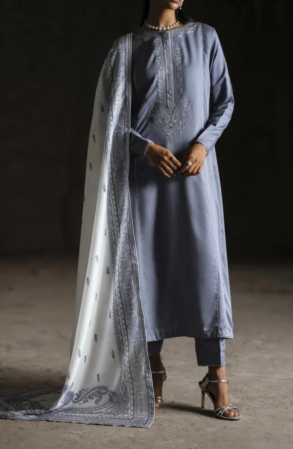 Casual Lite Aik Sitara Premium Embroidered Silk Viscose Stitched 3 Piece Suit - Silver Serenity - CL25AIS - Light Blue - Festive Collection