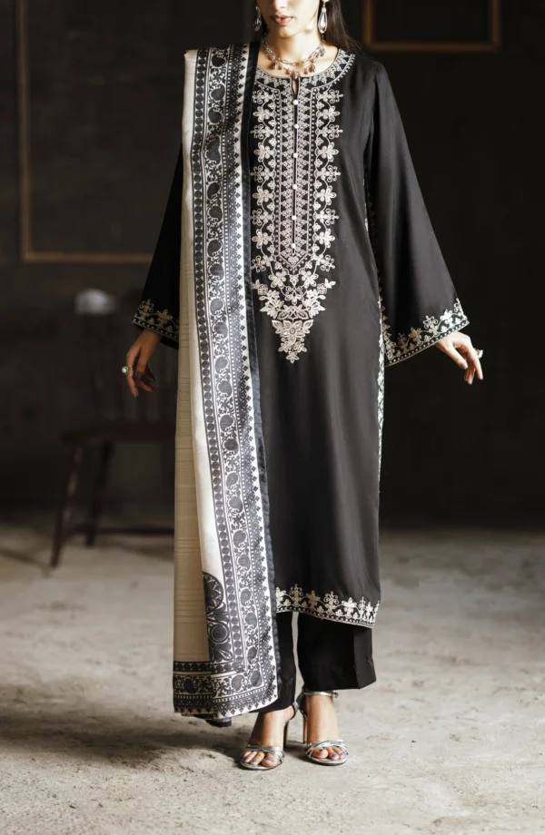 Casual Lite Aik Sitara Premium Embroidered Silk Viscose Stitched 3 Piece Suit - Noir Elegance - CL25AIS - Black - Festive Collection