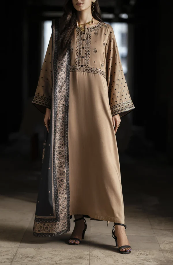 Casual Lite Aik Sitara Premium Embroidered Silk Viscose Stitched 3 Piece Suit - Desert Elegance - CL25AIS - Beige - Festive Collection