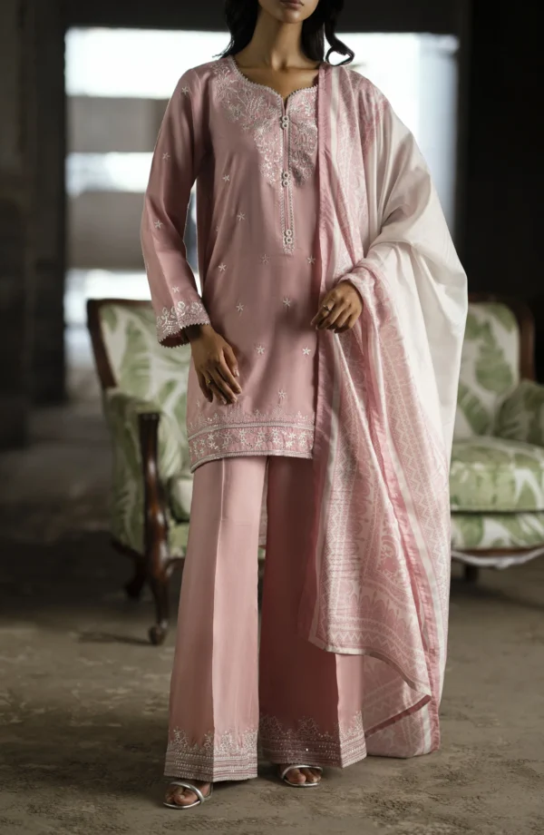 Casual Lite Aik Sitara Premium Embroidered Silk Viscose Stitched 3 Piece Suit - Blush Blossom - CL25AIS - Pink - Festive Collection