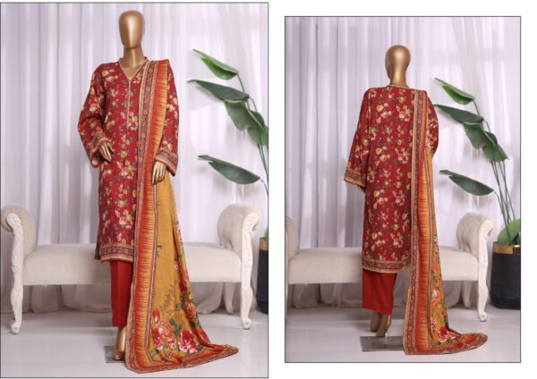 Printed Khaddar 3 Pc Winter Collection by Bin Saeed - Red & Orange