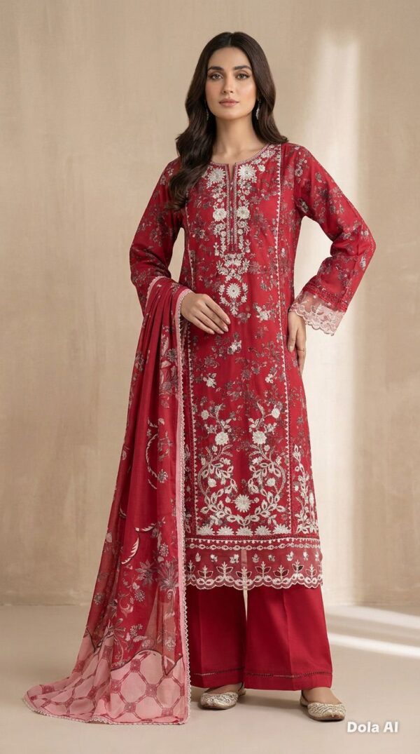 SADABAHAR Luxe Embroidered Lawn Collection 3pc - RED